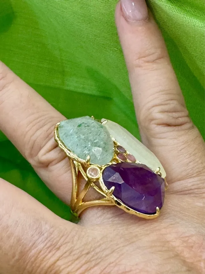 Grosse bague habaha Paris  jade vert améthyste quartz acier inoxydable or réglable - photo numéro 4