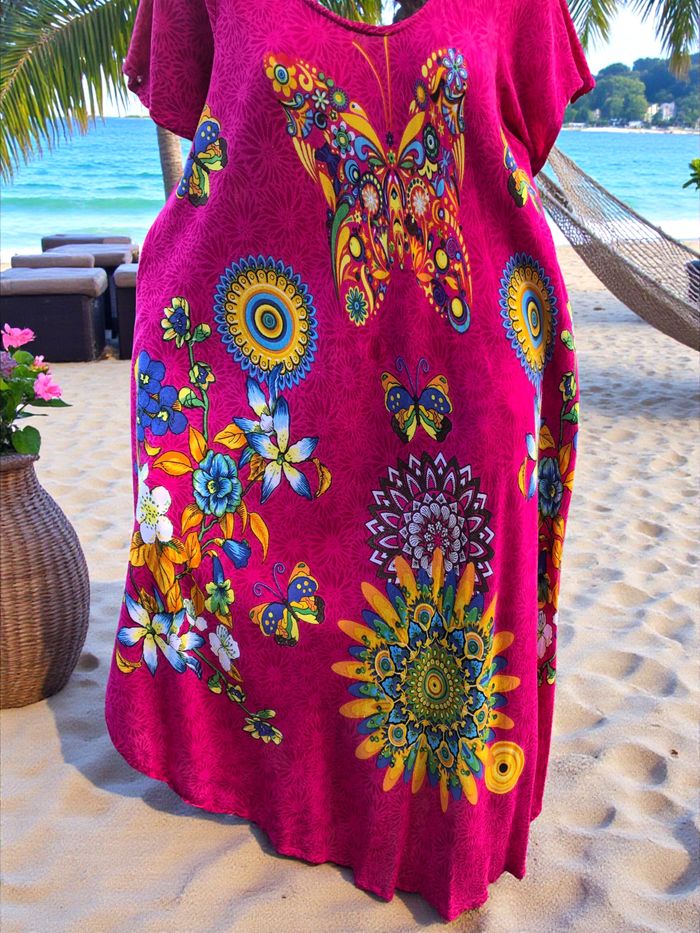 ROBE DE PLAGE FEMME ASYMÉTRIQUE TEINTES LUMINEUSES & MOTIF FLEURS ET PAPILLONS L - photo numéro 9