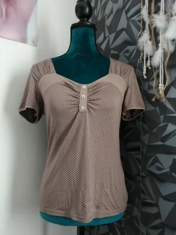 Top marron à pois blancs, encolure carré plissée avec boutons / vango paris / (T3, L)