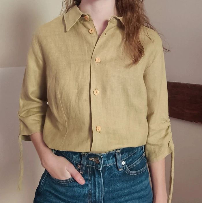 Chemise lin manches 3/4 vert amande