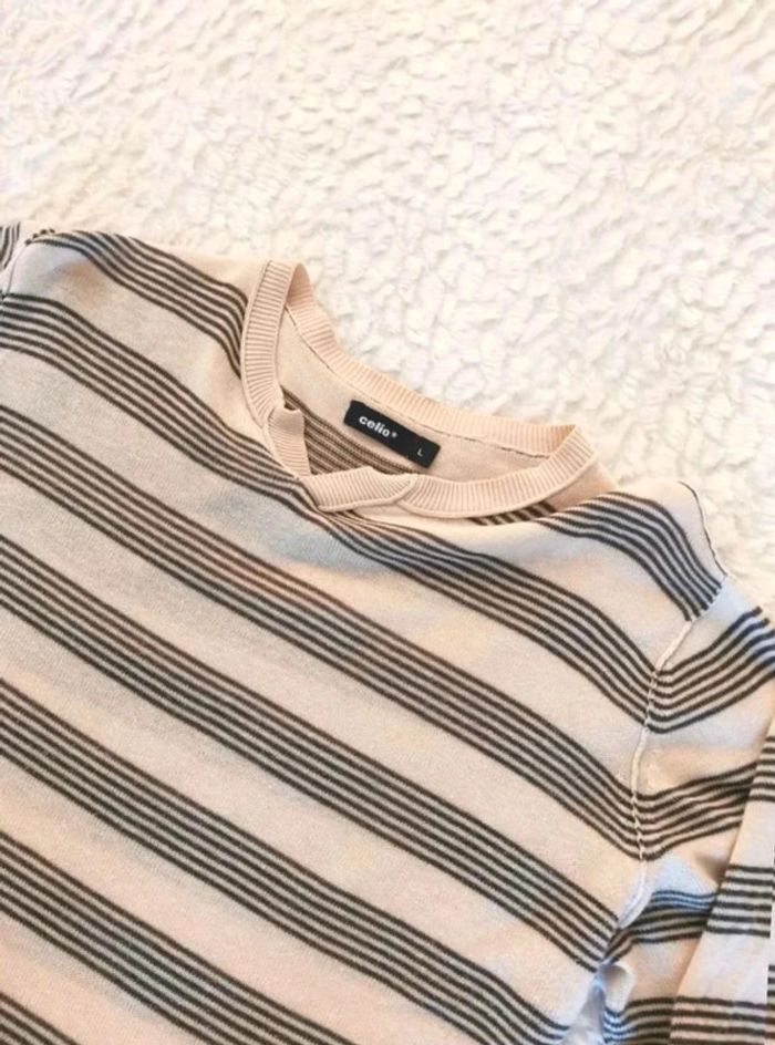 Pull homme fin Celio été en coton rayures marinière L - photo numéro 2