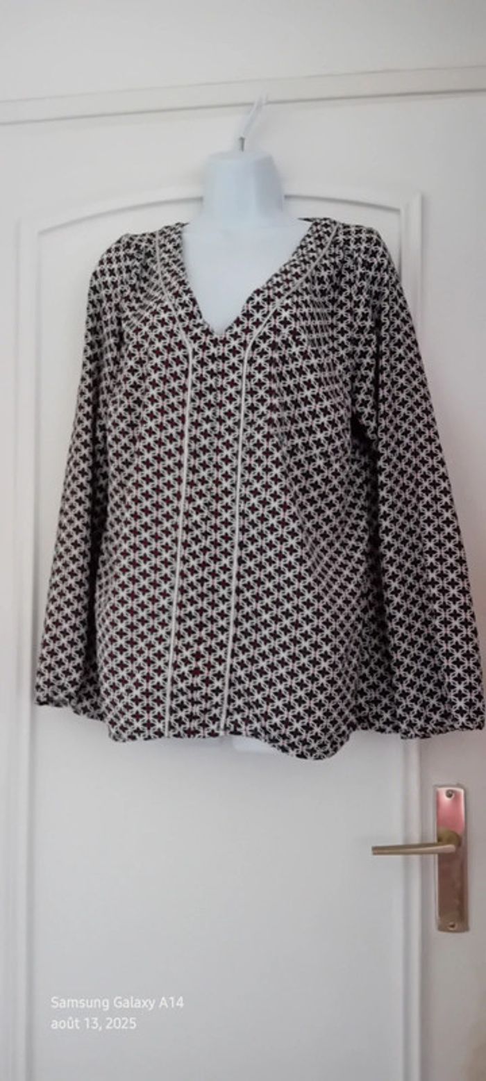 Blouse fluide manches longues col V motif fleurs liseré argenté noir femme L m&s mode - photo numéro 8