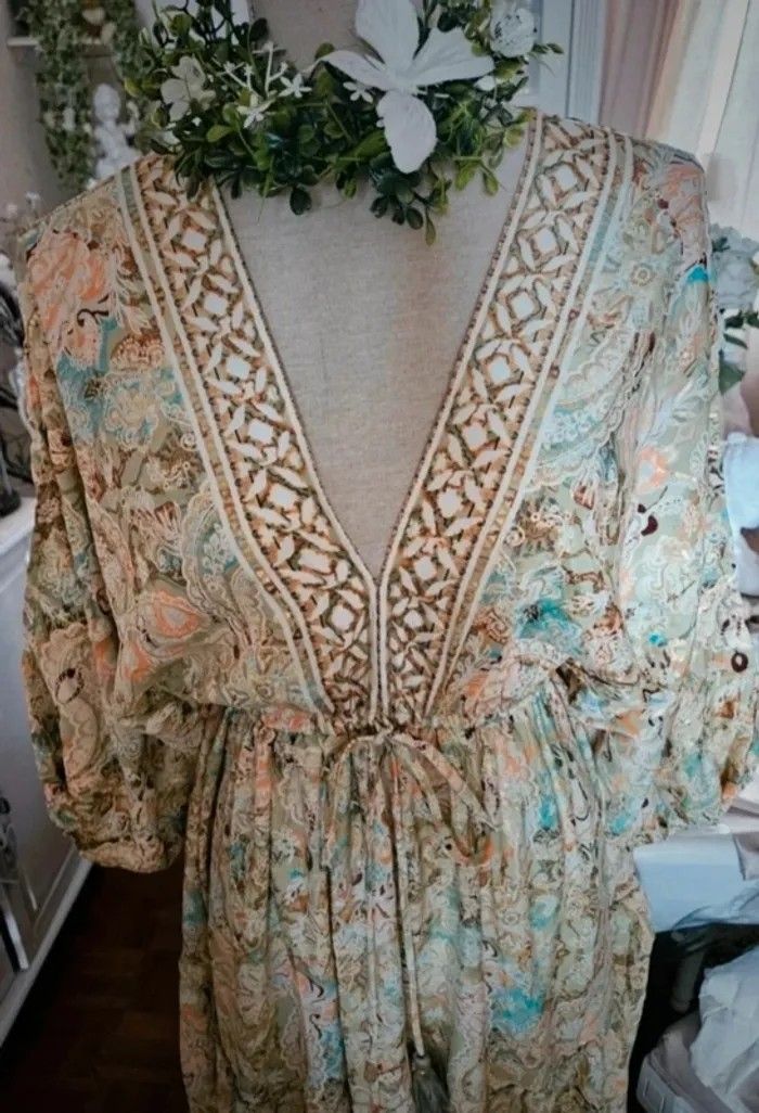 Robe bohème longue en soie vert multicolore Taille 40 Neuve - photo numéro 5