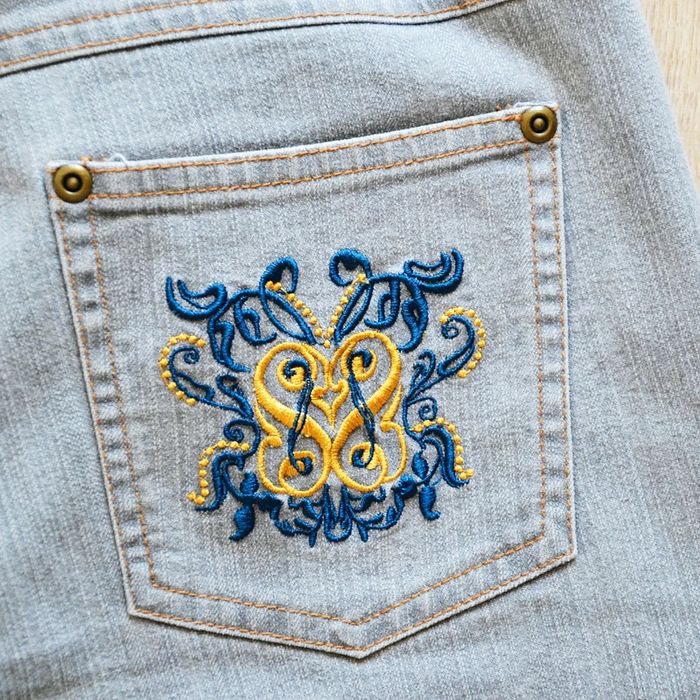 Vintage Jeans Wide Large Regular Gris Femme Coeur brodé Exclusive Mode (Taille 40) - photo numéro 7