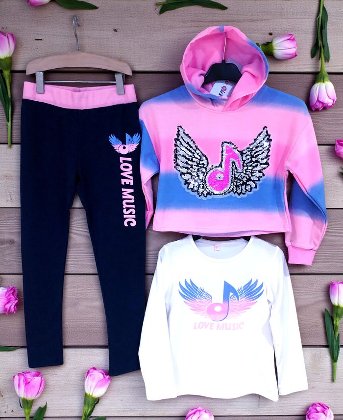 HELLO GIRL - NEW - ENSEMBLE 3P FILLE MOTIF AILES ANGE, NOTES DE MUSIQUE & TONS PAILLETÉS FLASHIES 8A - photo numéro 2