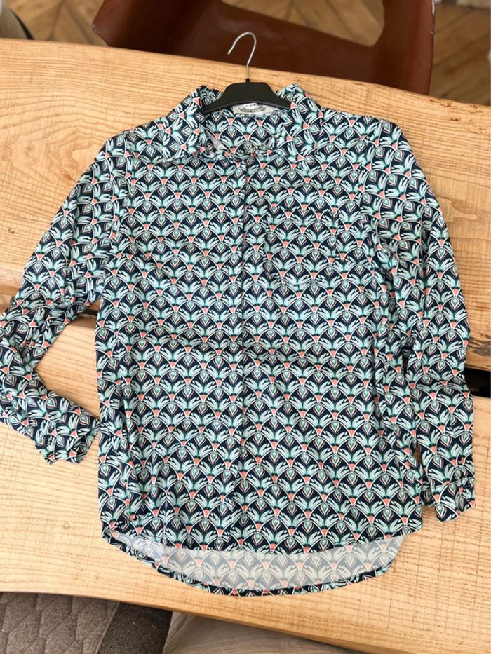 Blouse manches longues chemise vert bleu marine et orange à motifs it hippie S 36 38