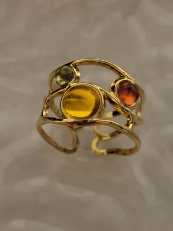 Bague ouverte acier inoxydable dorée, géométrique avec pierre multicolore