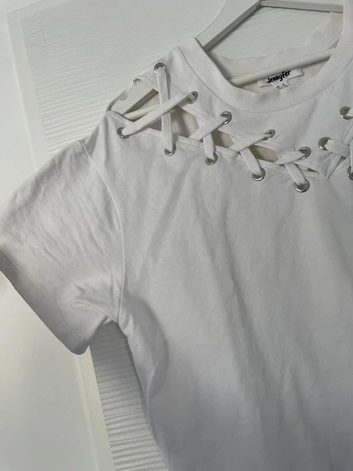 Haut t-shirt sweat blanc uni à lacets manches courtes col en V - photo numéro 4