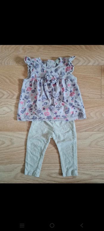 T-shirt+ pantacourt été violet gris fleurs 18 mois