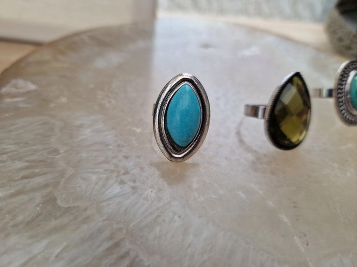 Lot 3 Bagues Réglables Argentées Turquoise Strass - photo numéro 3