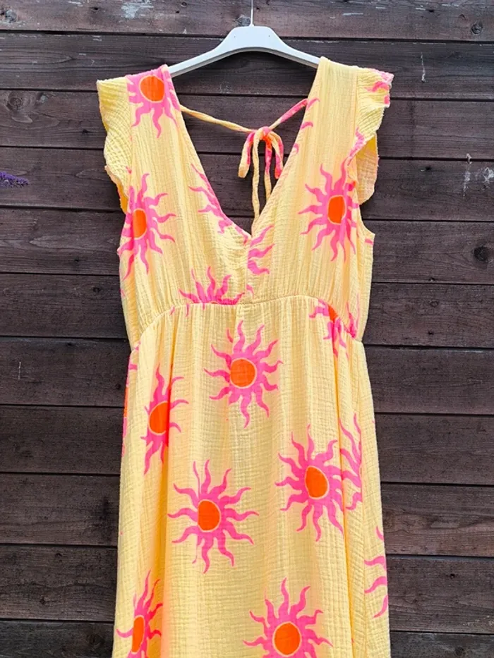 Robe longue été jaune et rose gaz de coton avec soleil TU 36 à 42 - photo numéro 2