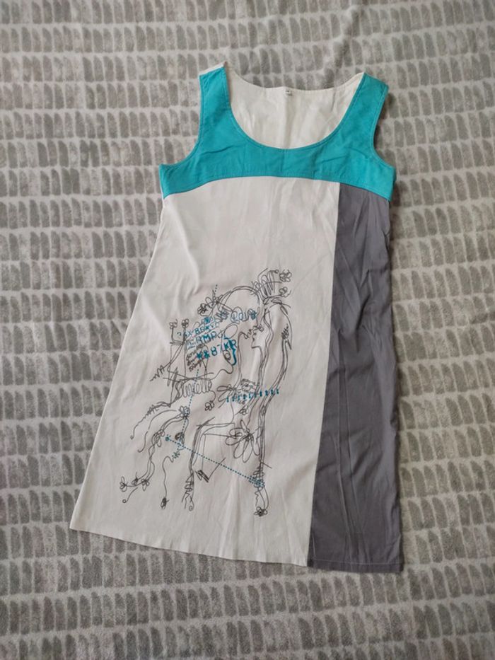 Robe coton blanc turquoise grise imprimé taille 42 - photo numéro 1