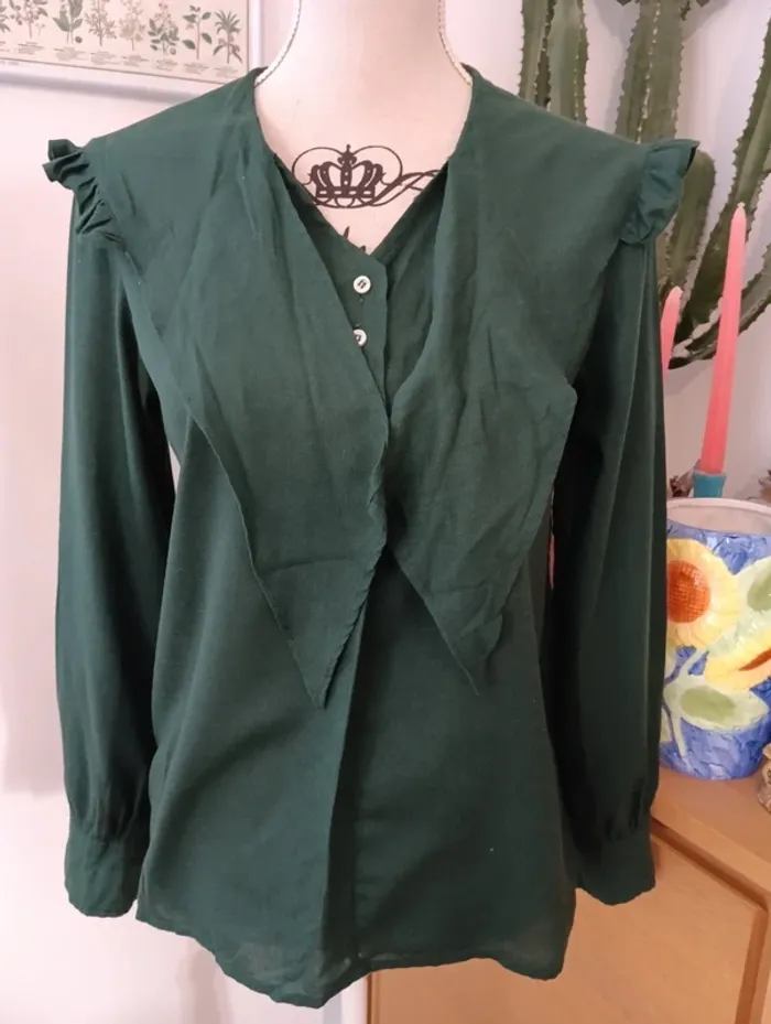 Blouse vintage coupe vareuse grand col vert foncé - photo numéro 2