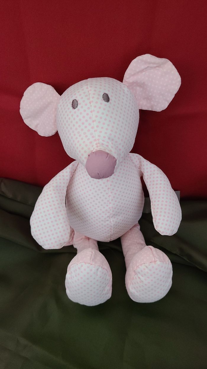 Doudou Souris en tissu blanc rose pois Orchestra 30 cm