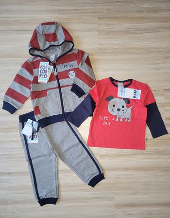 Ensemble: sweat zippe, tshirt et pantalon de sport, garcon 18/24 mois.