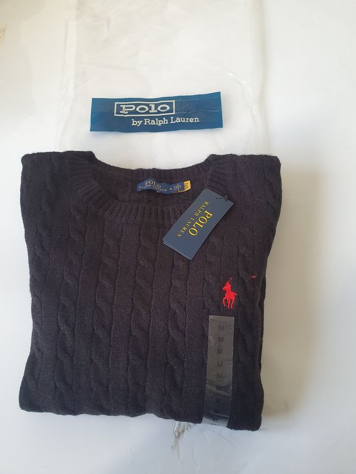 
NEUF Pull Polo Ralph Lauren Torsades Noir Clair Logo Rouge