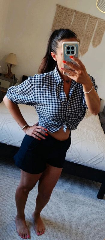 Chemisier court croc top Violeta by Mango L vichy bleu marine à carreaux coton élasthanne
