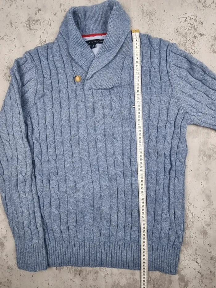 Pull torsadé col châle Tommy Hilfiger bleu clair, L Hommes (mesures en photos) - photo numéro 9