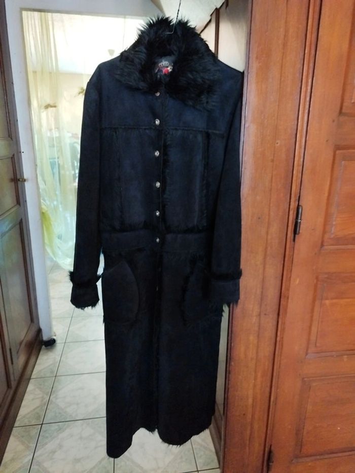 Manteau long noir fausse fourrure faux fur black coat L/40 vintage y2k