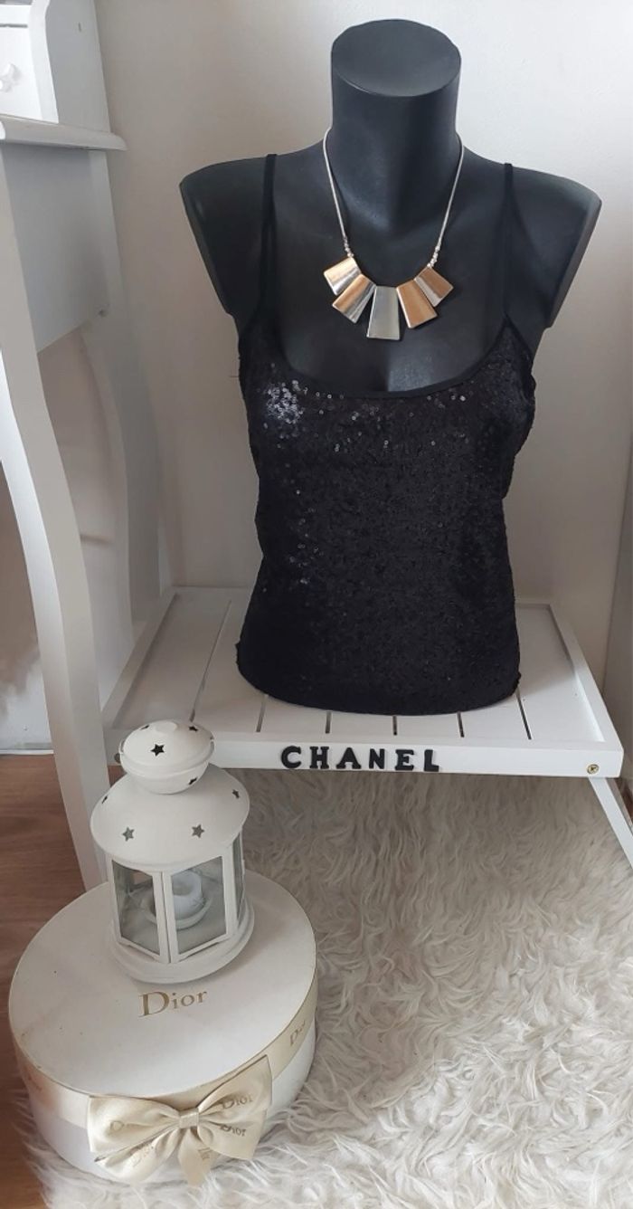 Débardeur bretelles bi matière sequins noirs Atmosphère  T40 neuf 🪩