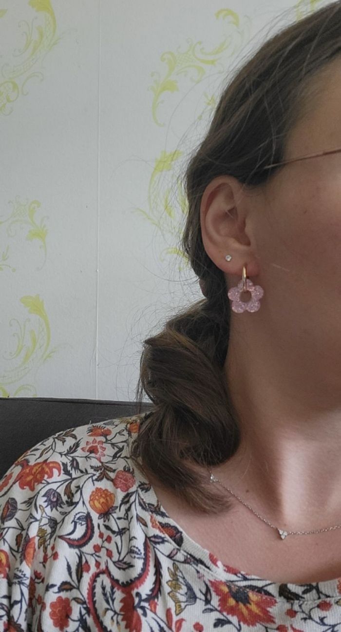 Boucles d'oreilles fleurs roses pailettées - photo numéro 3