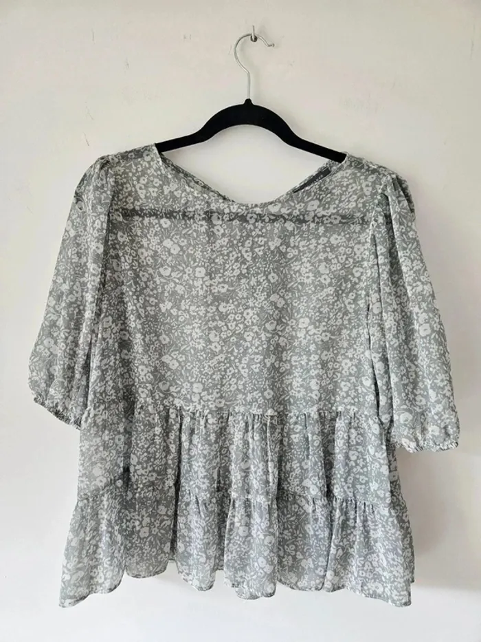 Blouse fleurie transparente bleue claire manches 3/4 Primark taille 38/M