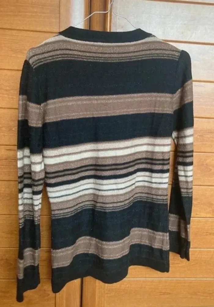 Pull fin femme S vintage marron doré rayé - photo numéro 2