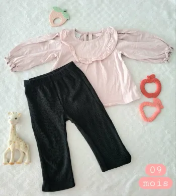 Ensemble blouse rose pale et legging velour noir 09mois