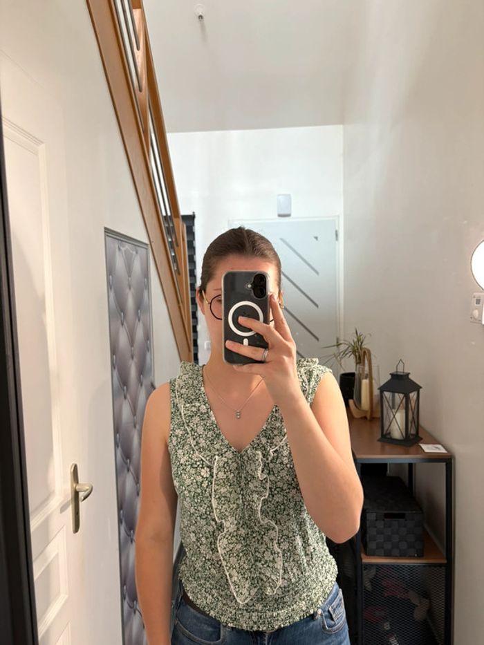 Top fleuri vintage vert sans manches Cache Cache M💚
