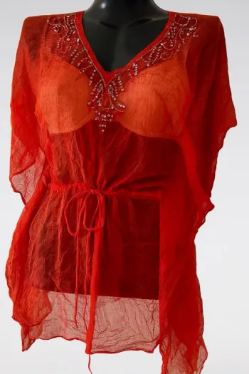 Tunique de plage transparente orange à strass – par-dessus de maillot”