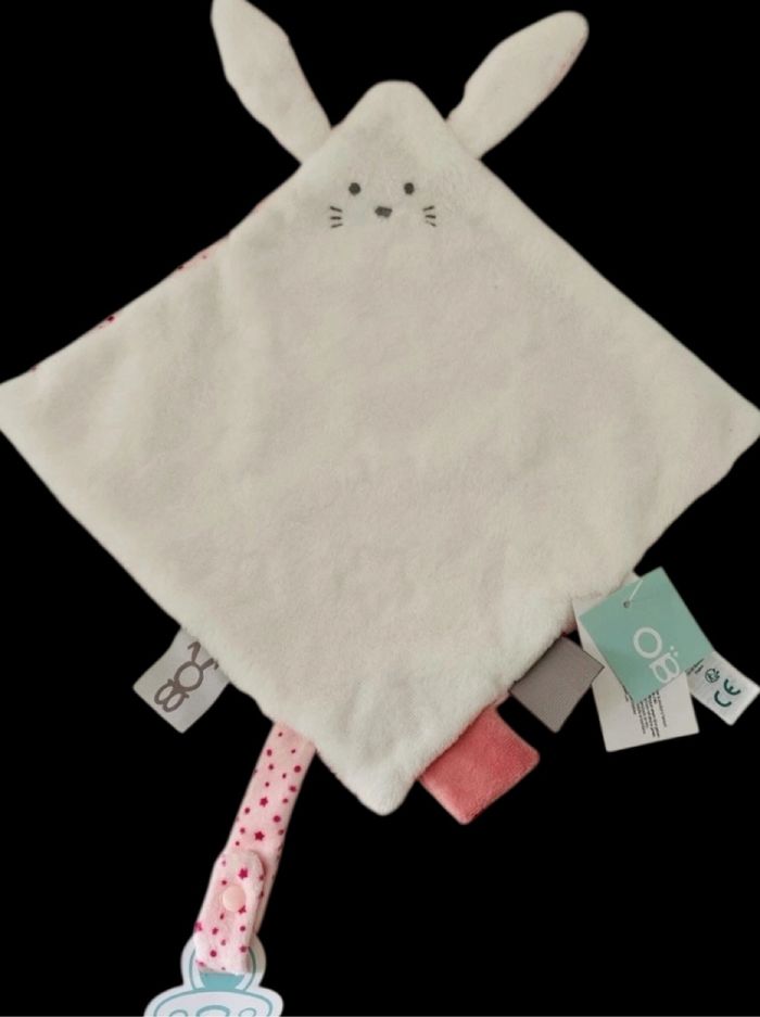 ❤️B5297 Doudou Plat Lapin Blanc Rose Étoiles Obaibi Okaïdi Obaïbi