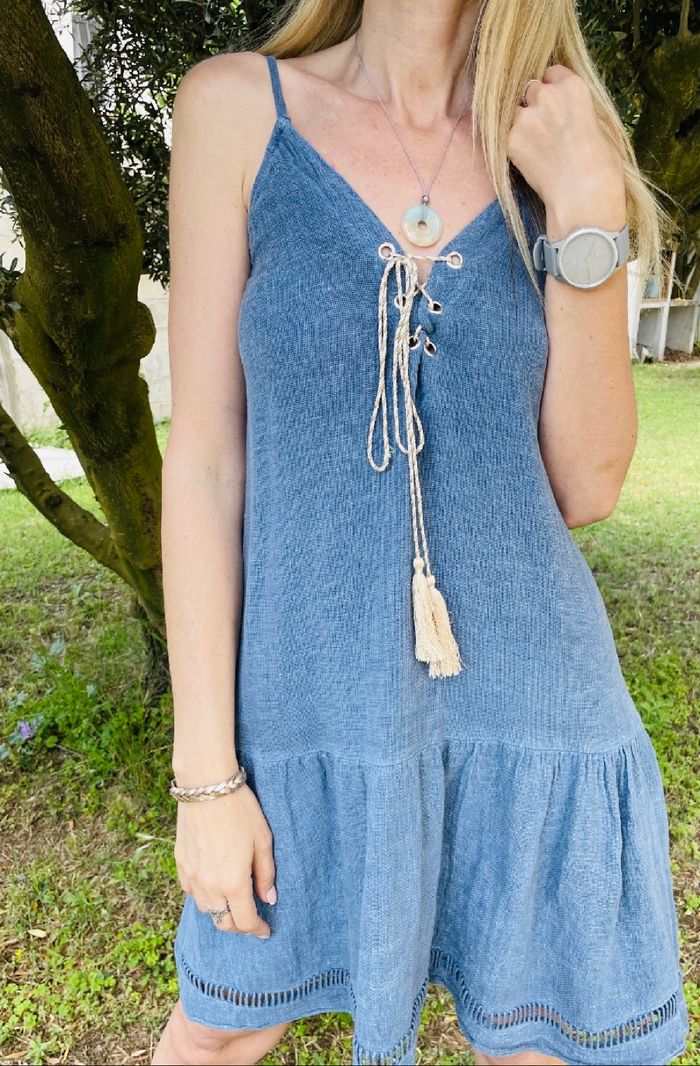 Robe bleue  bohème été coton et lin taille unique - photo numéro 3
