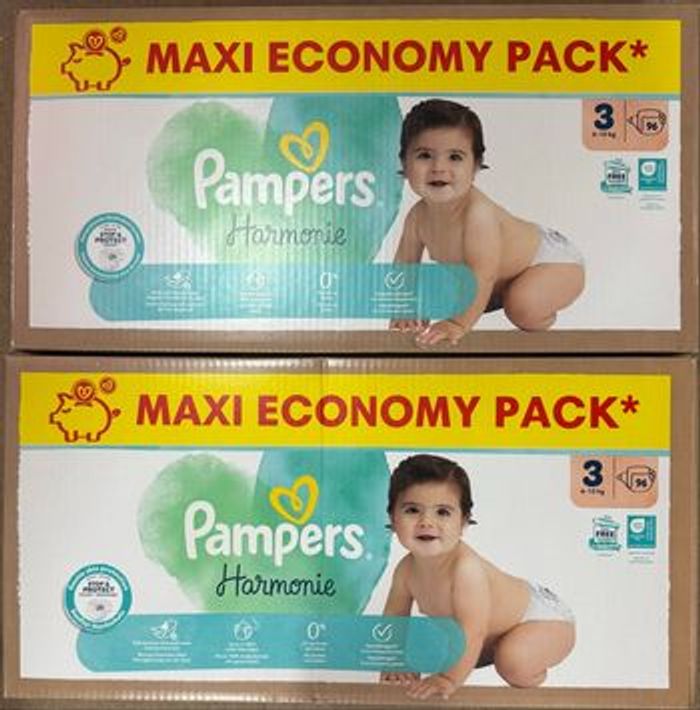 2 paquets de 96 couches Pampers Harmonie Taille 3