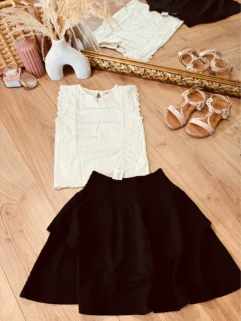 Taille 8 ans tenue 2 pièces été fille TAO écru noir Neuf * broderie * 🌺