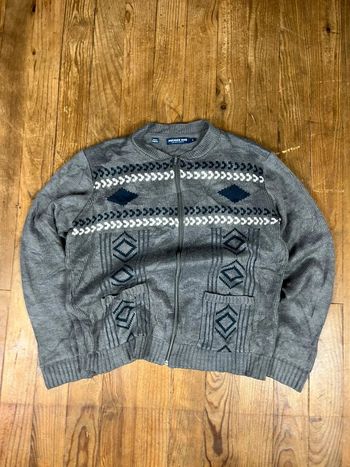Pull maille vintage zip-up motifs rayures gris S