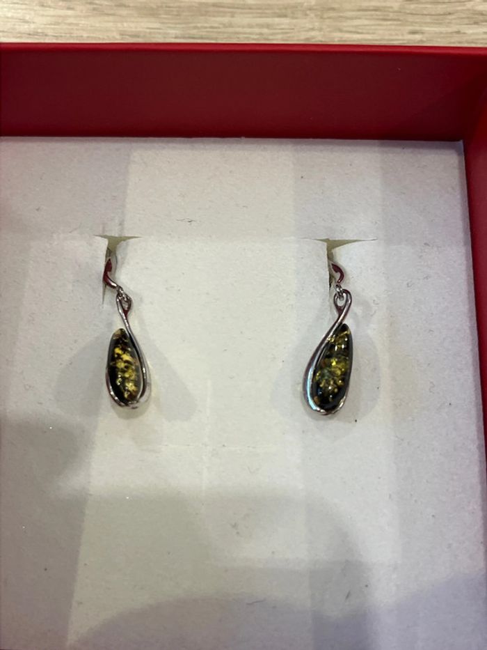 Boucles d’oreilles Histoire d’or en argent et ambre neuf