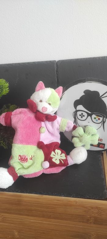 Marionnette doudou chat rose vert Baby Nat' Trèfle   Coeur Bouton Ancien Carreau