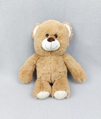 Peluche doudou ours brun marron pattes et oreilles rayées blanc beige 30 cm