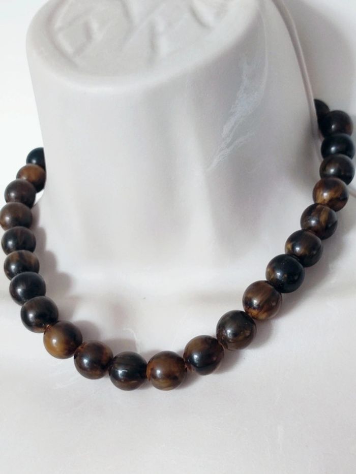 Collier ras de cou perle ronde bois vernis marron noir vintage / Fabrication artisanale - 42cm - photo numéro 2