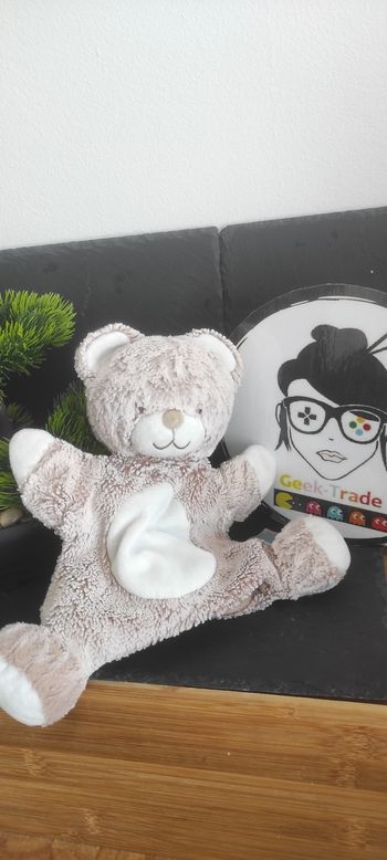 doudou marionnette purs tex baby rond blanc marron gris chiné