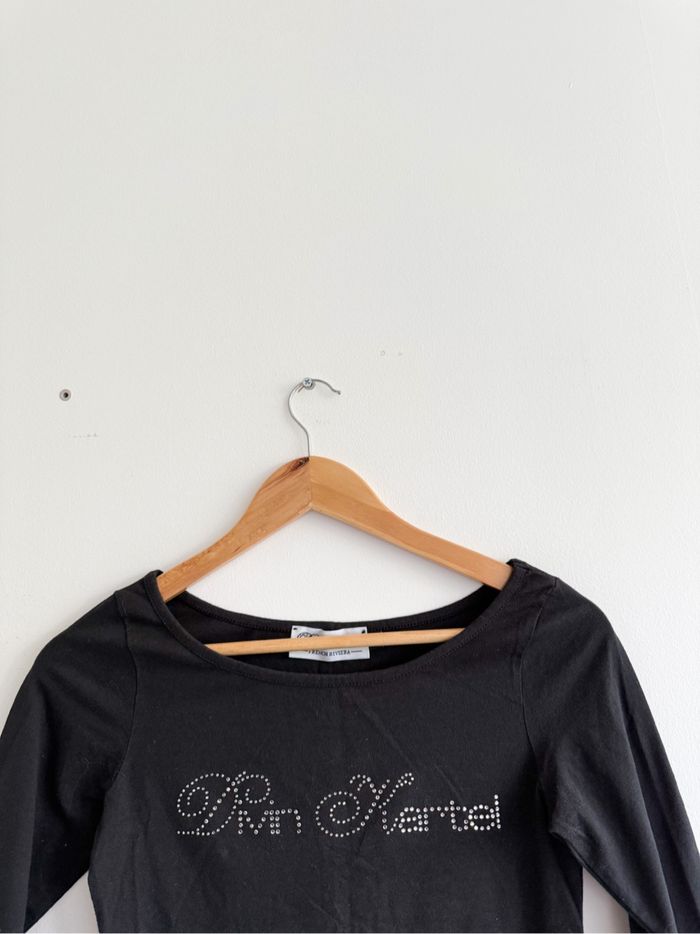 Blouse manches 3/4 noir avec strass argenté divin kartel taille 36 S - photo numéro 2