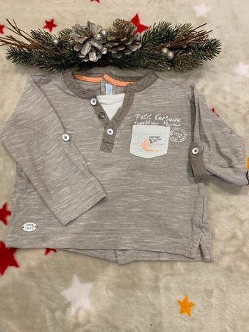 Tee-Shirt Manches Longues Gémo Taupe et Blanc 6M