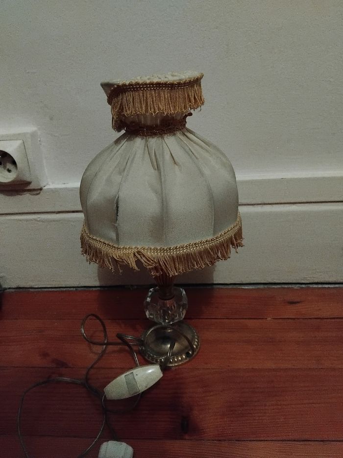 Petite lampe de table ancienne pied cristal laiton Abat-Jour a franges style 70/80 - photo numéro 3