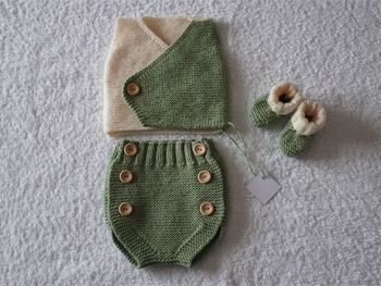 Ensemble 3 pièces vert/écru pour bébé 0/3 mois neuf