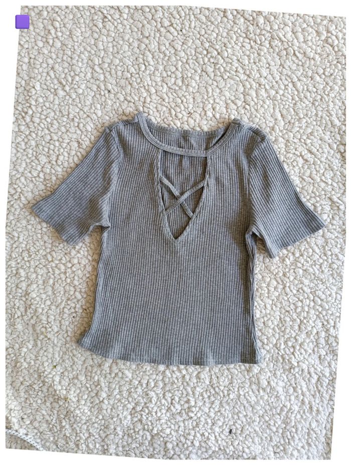 Haut gris côtelé à col croisé mignon cute kawaii
