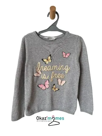 Pull fin gris “dreaming is free” (papillons) - H&M 110/116cm (4-6ans)