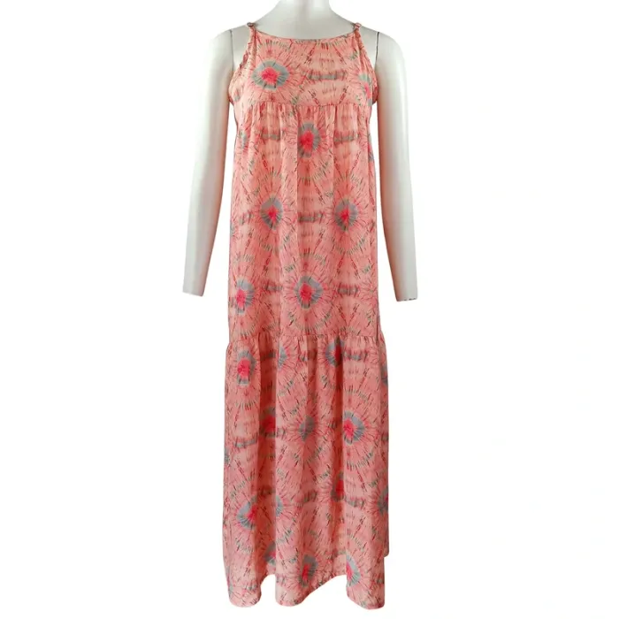 Robe longue IKKS tie and dye rose et bleue, coupe fluide, fines bretelles, taille S A1207