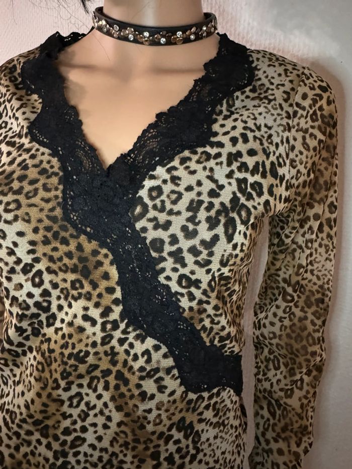 Haut Vintage Phildar Léopard avec Dentelle Noire - Années 90s - photo numéro 2