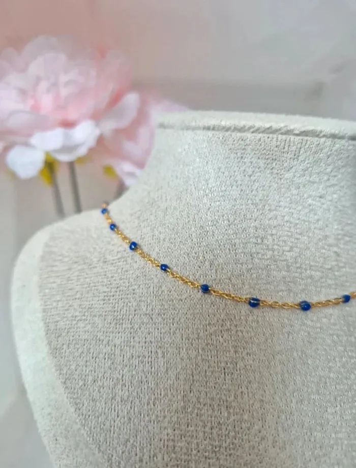 Collier ras du cou réglable 🌸 En acier inoxydable perles bleu - photo numéro 2