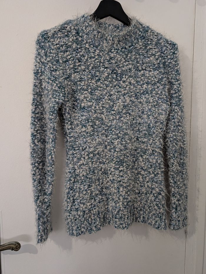 Pull hiver doux bleu clair et blanc col rond ras New Tilt XS/34